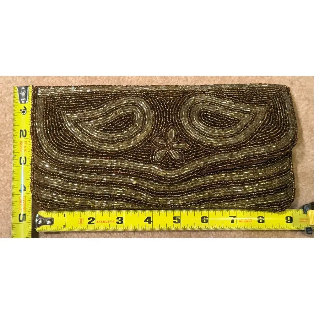 Vintage Beaded Clutch Purse Gold Bronze Paisley Evening Bag Flap Magnetic Snap